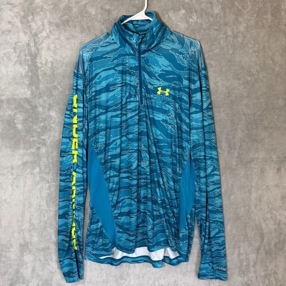Under Armour HeatGear L Blue Camo Quarter Zip Fishing Pullover Loose Isochill